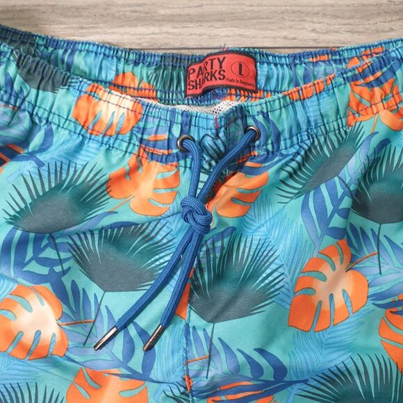 Men Large Party Sharks Swim Trunk Tropical Leaf Print Blue Orange Beach Vacation - Picture 2 of 7